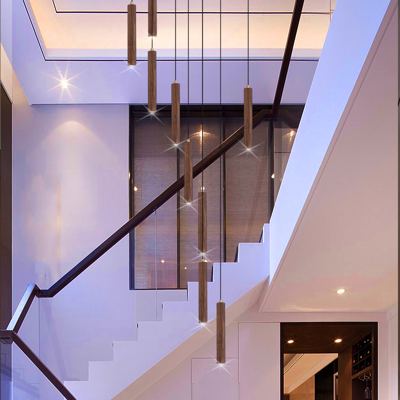 旋转楼梯灯北美黑胡桃新中式别墅客厅黄铜led实木中国风复式吊灯