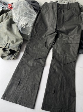 STEEL FACTORY冶錬厂黑色涂层蜡布男裤宽松微喇工装手工长裤