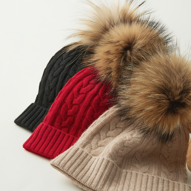 纯羊绒针织貉子圆顶毛球秋冬保暖百搭可拆卸青年加厚帽子男女式