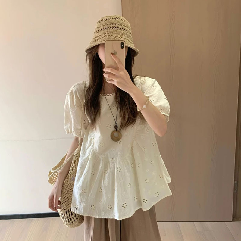 大码胖mm蓝色泡泡短袖衬衫女夏2025新款镂空小碎花衬衣遮肚子