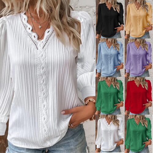 2026wish Autumn Long-sleeve V-neck Lace-patchwork Shirt Wome