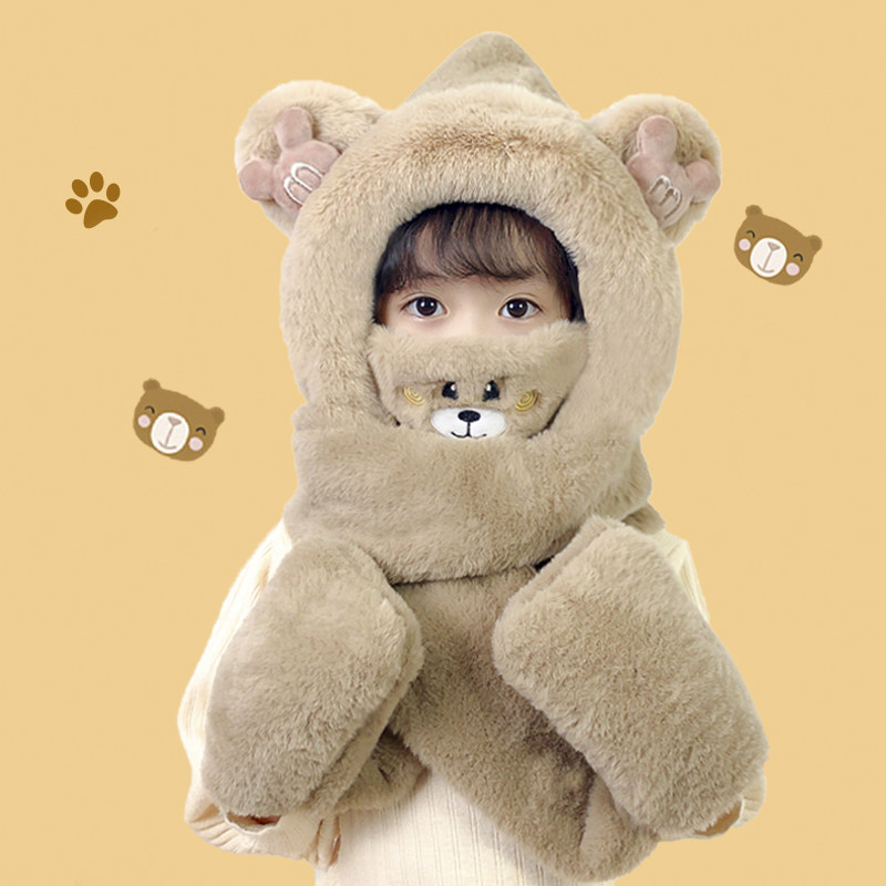 儿童帽子一体帽男女童套头围巾三件套冬季小熊口罩防寒宝宝防风帽,童装/婴儿装/亲子装,帽子,淘宝优惠券,粉丝福利购,淘宝优惠卷