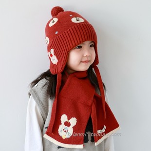 秋冬季保暖女童帽子围巾两件套儿童针织毛线帽洋气男童加厚套头帽