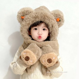 儿童帽子男童卡通宝宝围脖手套三件套女童防风毛绒围巾一体帽冬天