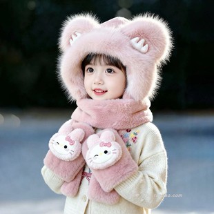冬季儿童围巾一体女孩帽子加厚防风护耳帽男女宝宝可爱卡通毛绒帽