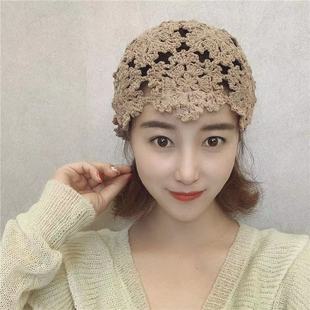 花朵帽帽子女春夏韩版薄款手工镂空针织帽透气百搭毛线甜美包头帽