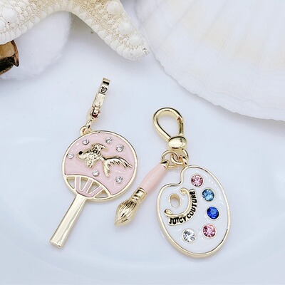 白色调色盘金边粉色圆扇吊坠