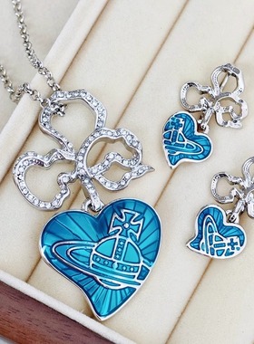 时尚大方 蝴蝶结挂红色海蓝色桃心爱心土星项链耳环-A8047