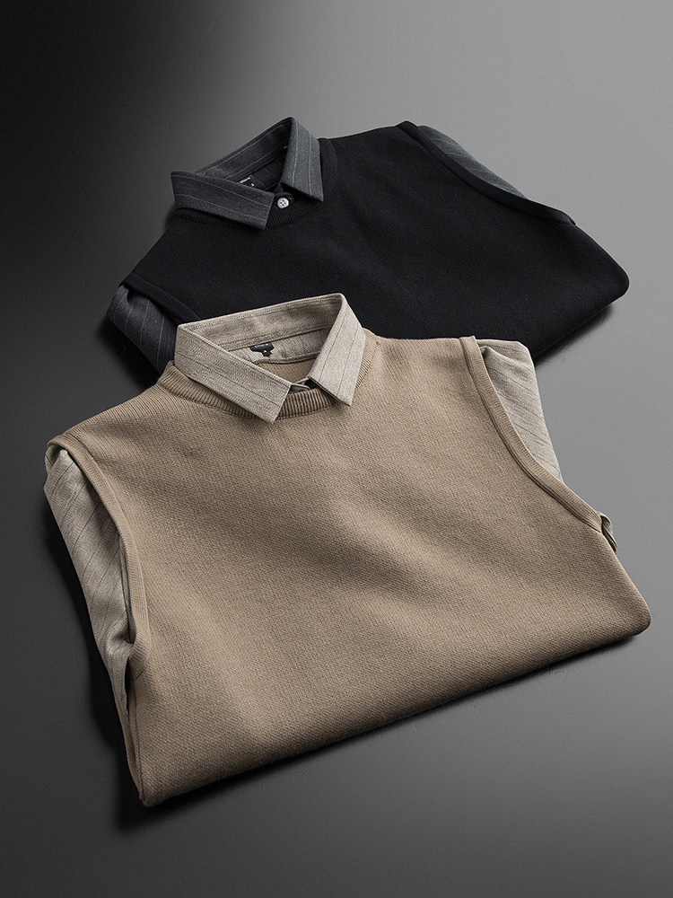 2022 AUTUMN AND WINTER NEW BOTTOMING SWEATER MENS LONG-SLEEVED SHIRT COLLAR FAKE TWO-PIECE MENS WINTER TREND PULLOVER SWEATER