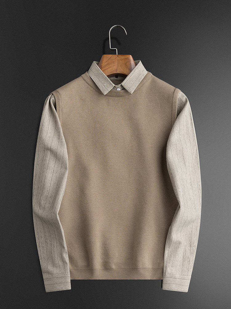 2022 AUTUMN AND WINTER NEW BOTTOMING SWEATER MENS LONG-SLEEVED SHIRT COLLAR FAKE TWO-PIECE MENS WINTER TREND PULLOVER SWEATER