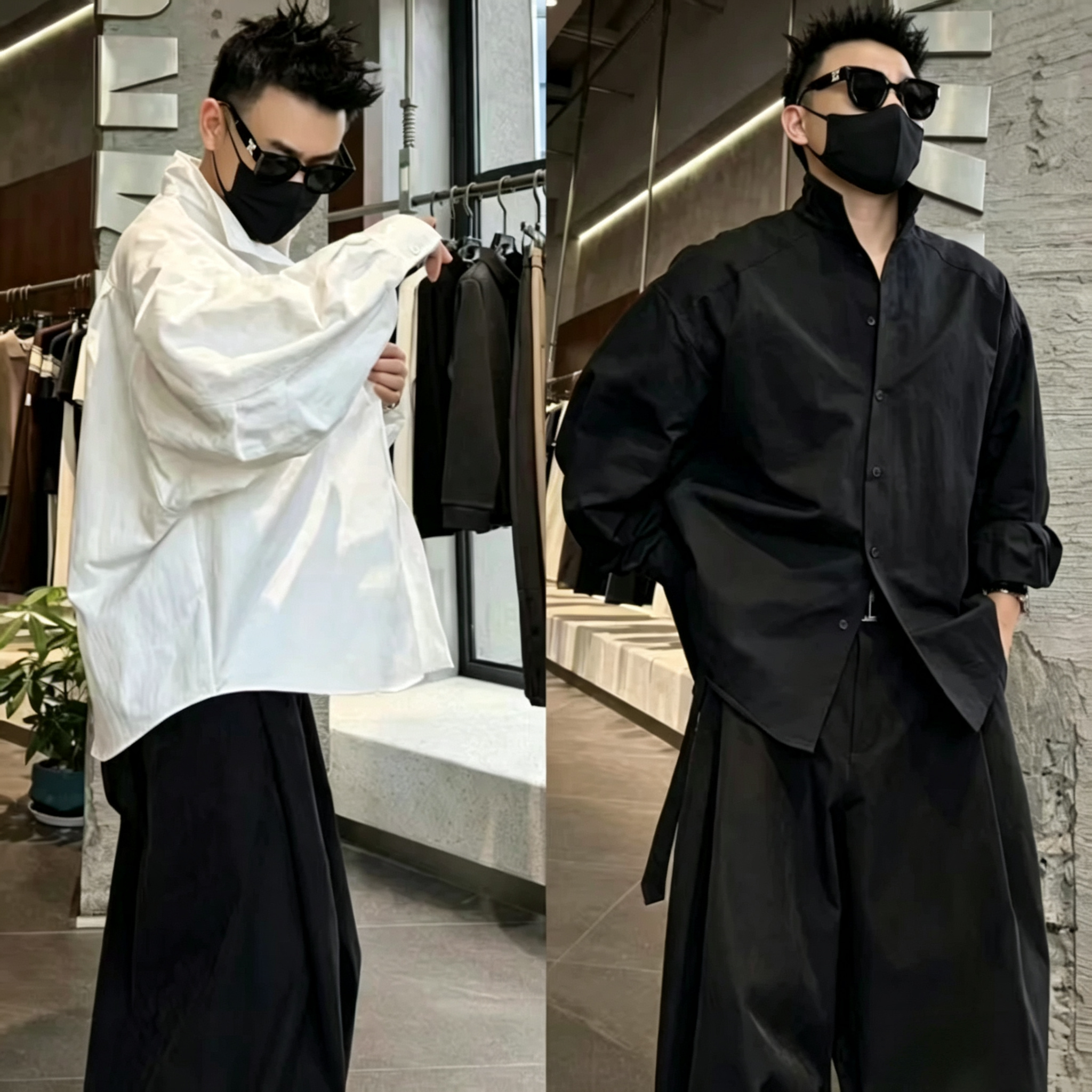 秋季立领纯色蝙蝠袖扩版男士简约舒适百搭休闲宽松长袖衬衫外套