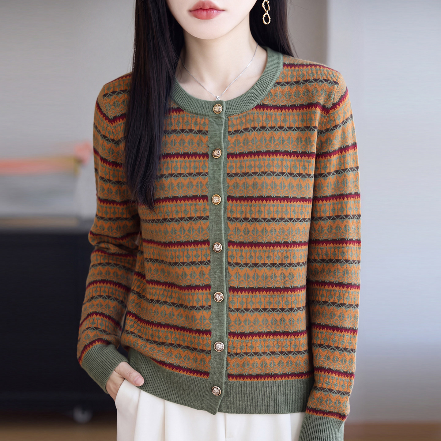 2026新款条纹秋季大码针织开衫外套女洋气中老年女装上衣秋冬毛衣