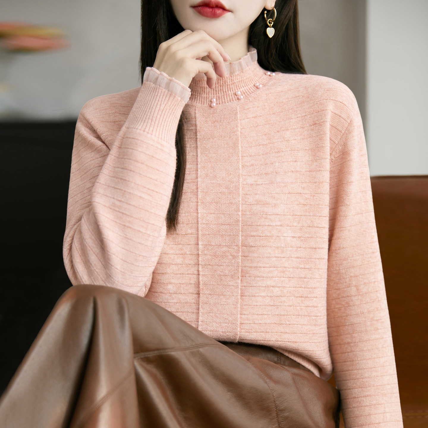2026新款纯色半高领秋季大码针织打底衫女洋气中老年女装上衣毛衣