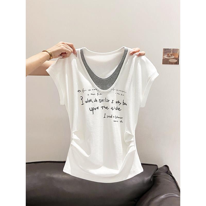 字母印花假两件v领短袖t恤女夏季新款韩系辣妹风褶皱收腰百搭上衣