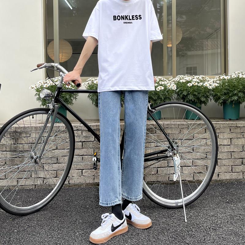 春夏季浅蓝九分裤子男直筒宽松韩风2026新款复古九分阔腿牛仔裤男