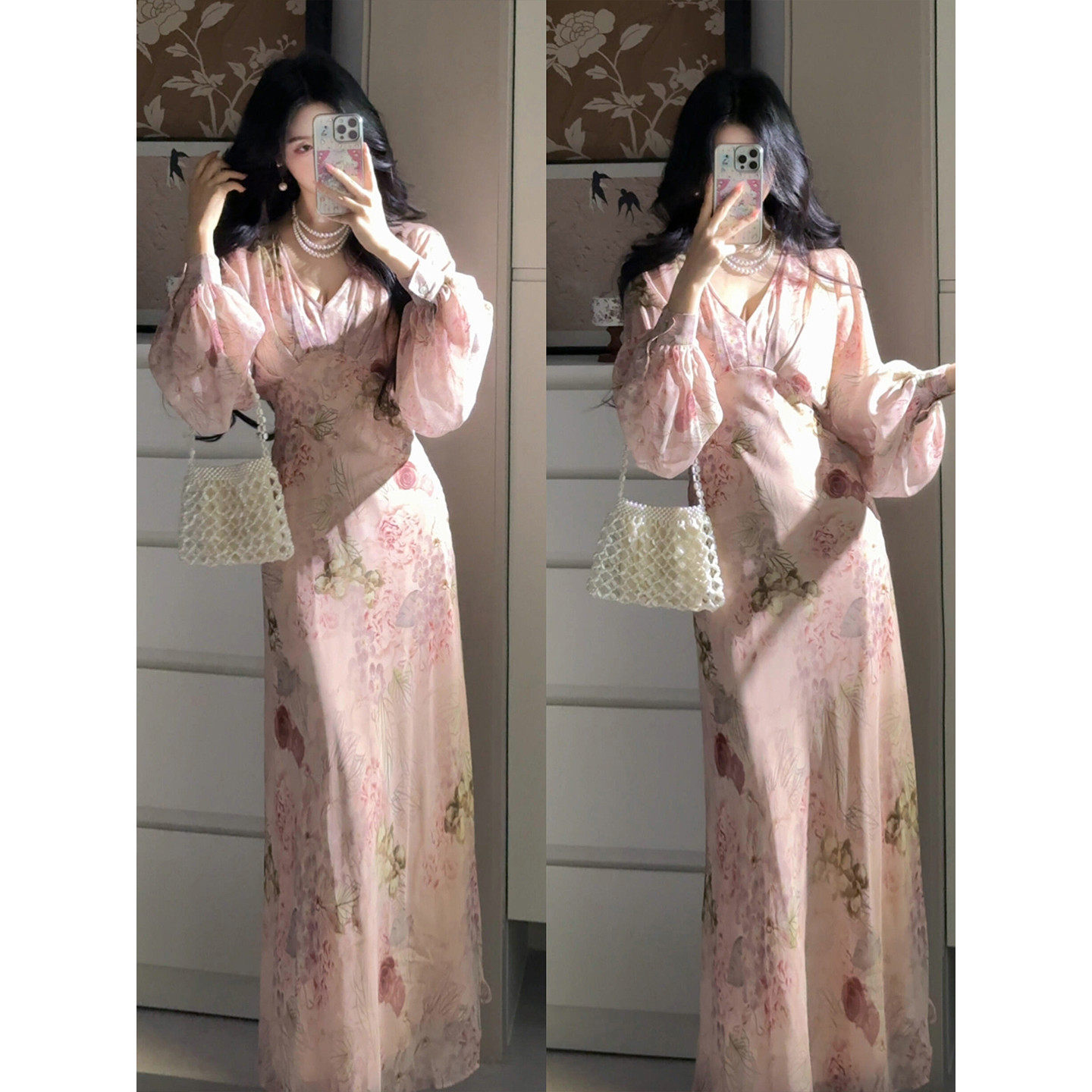 2026新款法式气质高级感方领蓝色连衣裙子女夏日绝美收腰包臀长裙