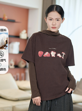 黛芙迪恩全棉面料卡通印花短袖T恤女宽松亲肤透气复古上衣12359