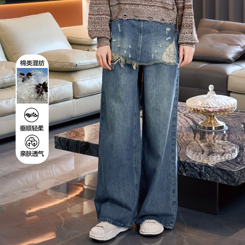 黛芙迪恩2025秋季新款设计感破洞假两件阔腿裙裤牛仔裤女12275,女装/女士精品,牛仔裤,淘宝优惠券,粉丝福利购,淘宝优惠卷