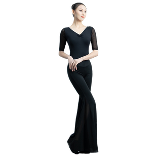 形体训练服装女夏季舞蹈形体服新款V领短袖黑色喇叭裤练功服套装