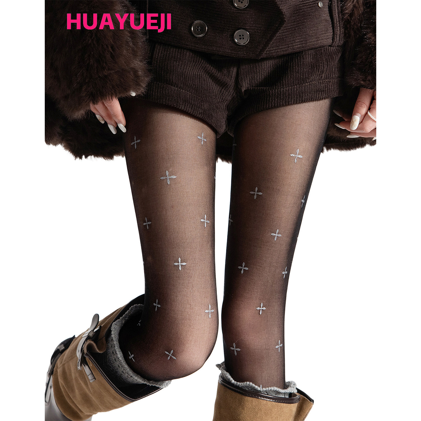 丝袜女秋冬银色十字架印花薄款连裤袜y2k辣妹性感黑丝搭配靴子
