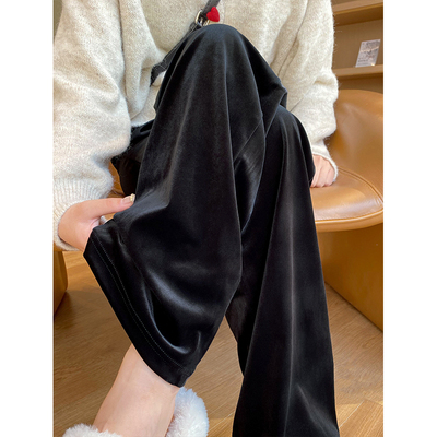 黑色金丝绒阔腿裤女窄版直筒裤2024年新款秋冬垂感加绒加厚休闲裤