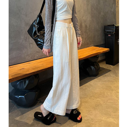 白色老钱风苎麻亚麻阔腿裤女夏季薄款松弛感小个子休闲棉麻九分裤