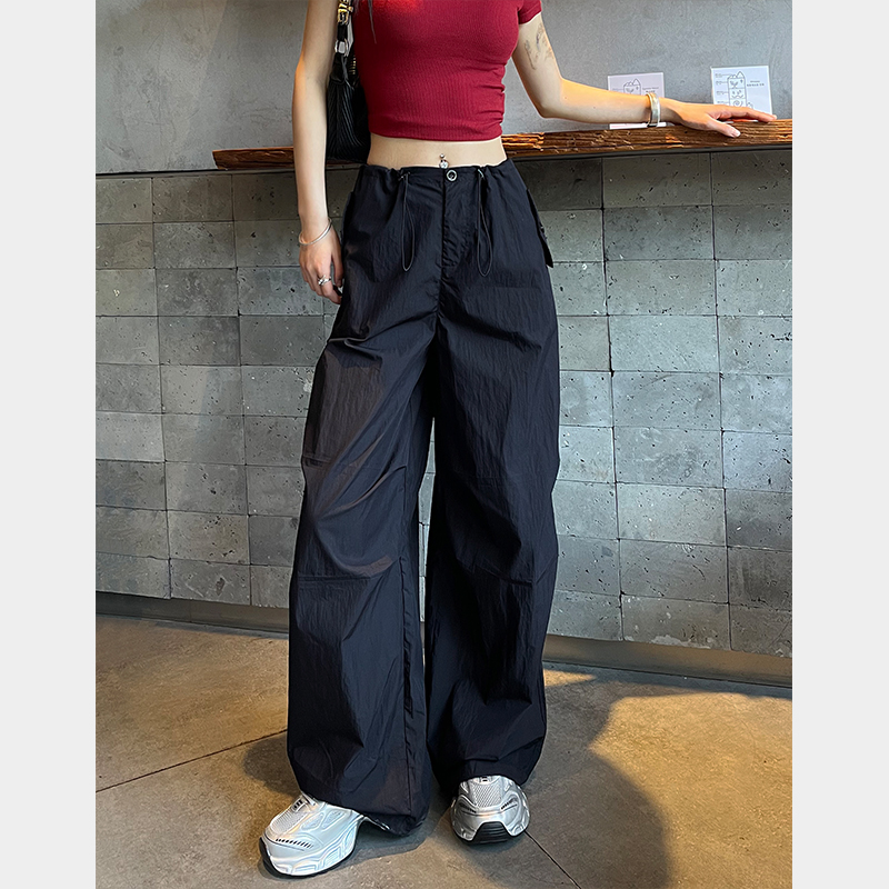 黑色美式工装裤女2024新款夏季薄款大码休闲阔腿裤冰丝拖地伞兵裤