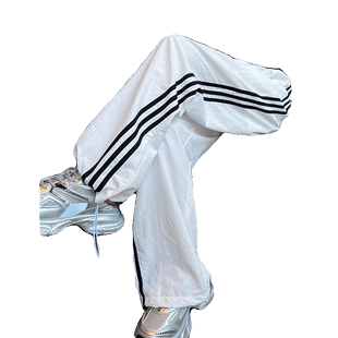 白色美式工装裤女夏季薄款2024新款三条杠运动裤潮牌休闲直筒裤子