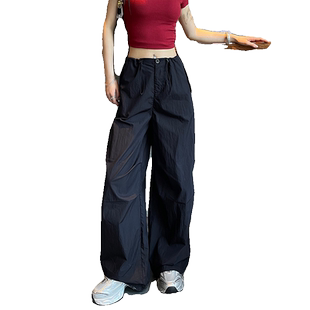 黑色美式工装裤女2024新款夏季薄款大码休闲阔腿裤冰丝拖地伞兵裤