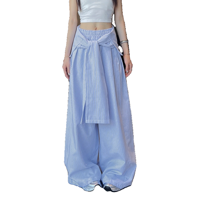 高腰通勤花约季长裤条纹阔腿裤