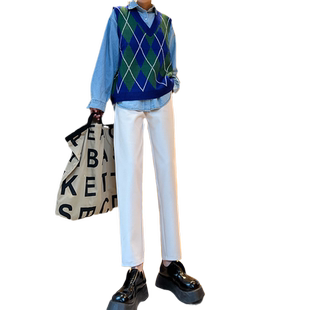 白色毛呢裤女秋冬2024新款加绒休闲直筒裤九分萝卜烟管哈伦西装裤