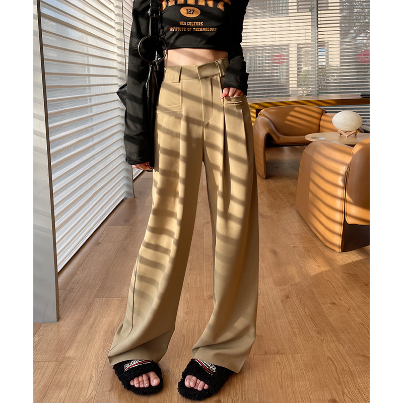 高腰通勤花约季长裤卡其色阔腿裤