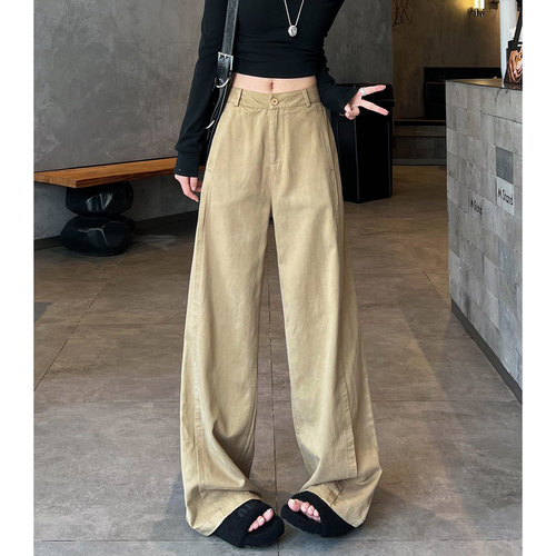 高腰通勤花约季长裤卡其色阔腿裤