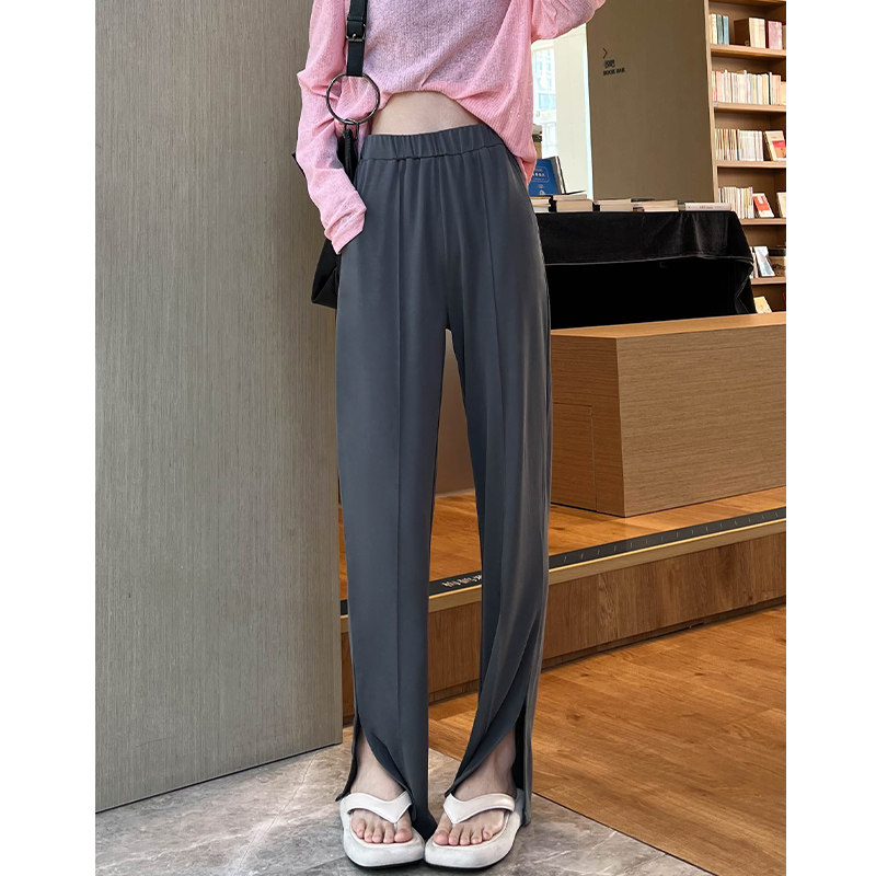 灰色铜氨丝开叉阔腿裤女夏薄款宽松垂感休闲直筒裤冰丝显瘦凉凉裤