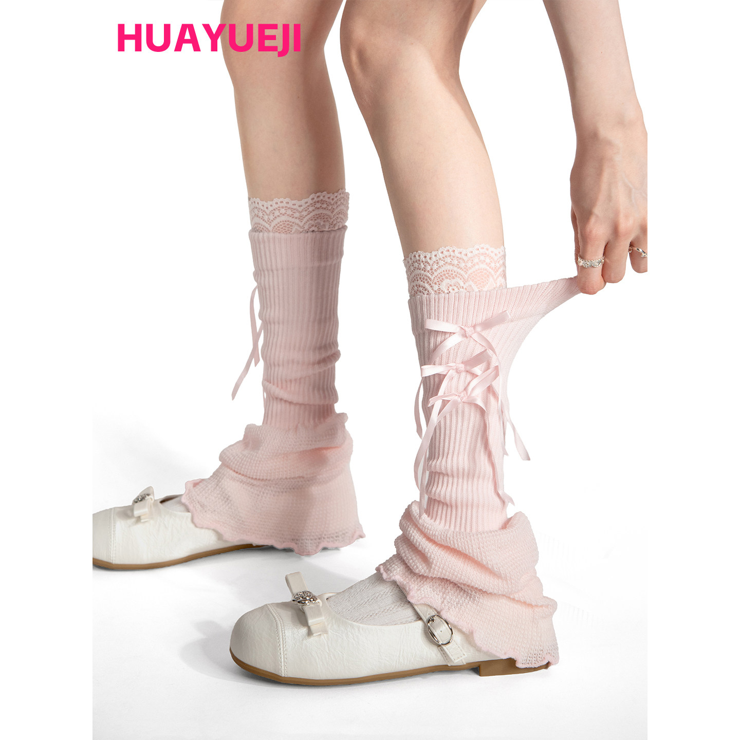 芭蕾风粉色喇叭阔腿袜套女春蝴蝶结jk中筒堆堆袜子花边显瘦腿套薄