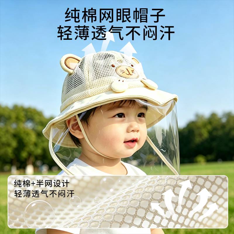 新生婴儿防护面罩小月龄宝宝防风防飞沫外出全脸夏季透气薄款帽子图片