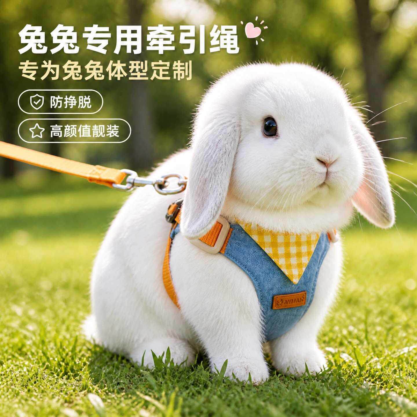 小兔子专用牵引绳防挣脱不勒脖背心式可调节大小胸背带外出溜兔绳