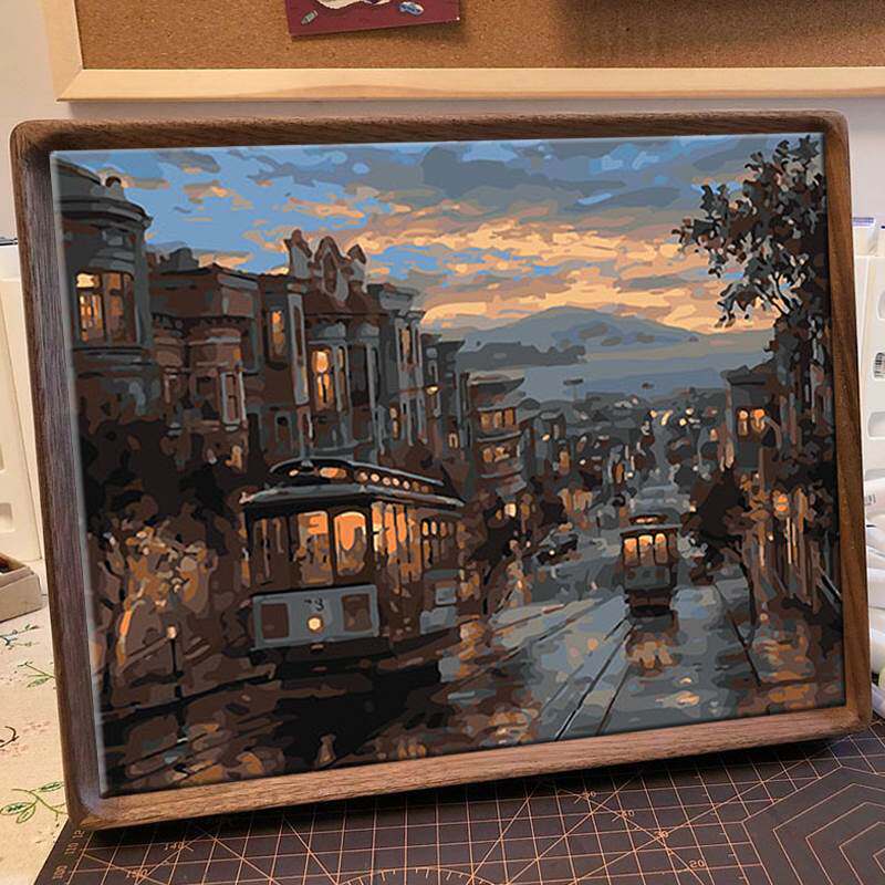 中国风数字油画华灯初上风景手工diy填色画填充颜料手绘油彩画