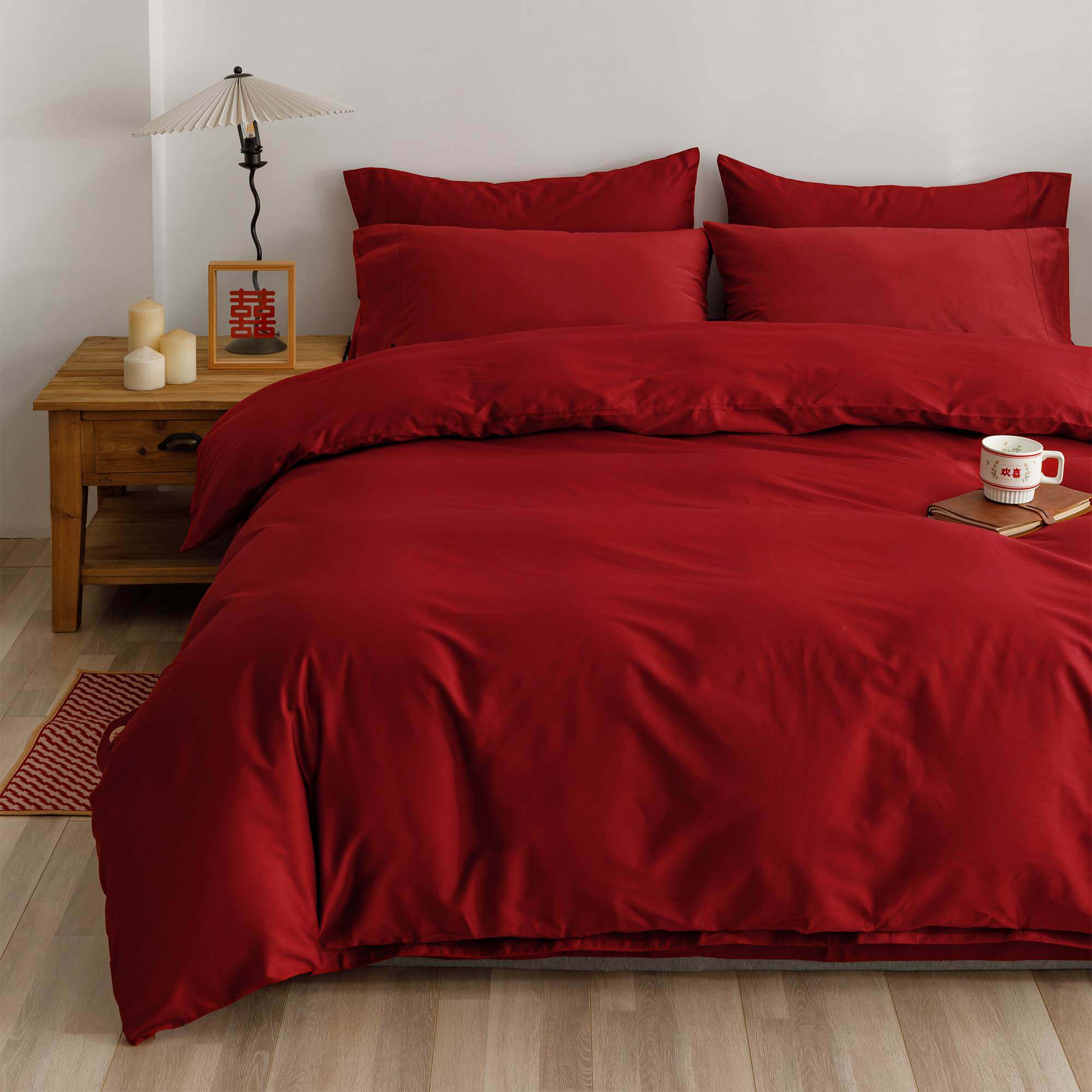 简约轻奢婚庆四件套纯棉100支新疆长绒棉纯红色结婚被套床单床品