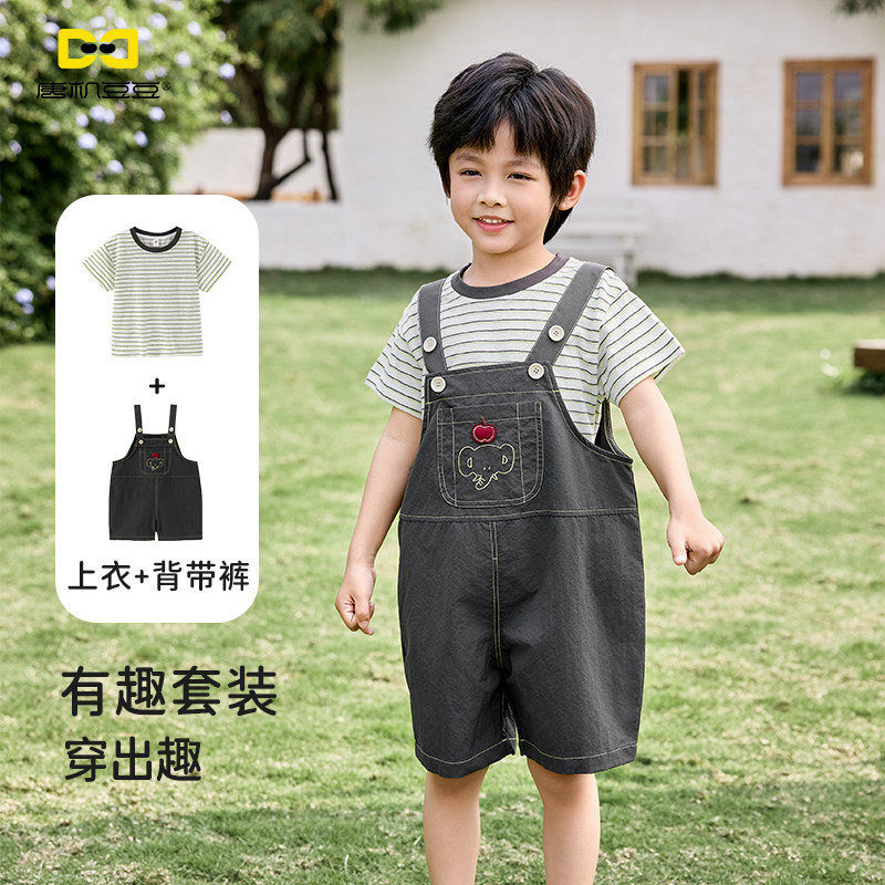 男童夏季条纹T恤背带裤套装图片