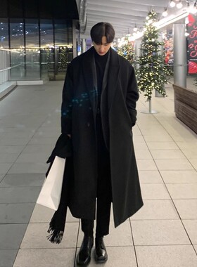 冬季新款顺毛呢子大衣男长款过膝韩版宽松帅气毛呢外套男英伦风衣