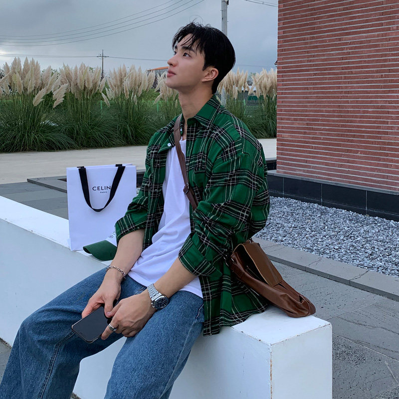 设计感格纹长袖衬衫男衬衣外套韩版潮流宽松休闲格子衣服男生帅气