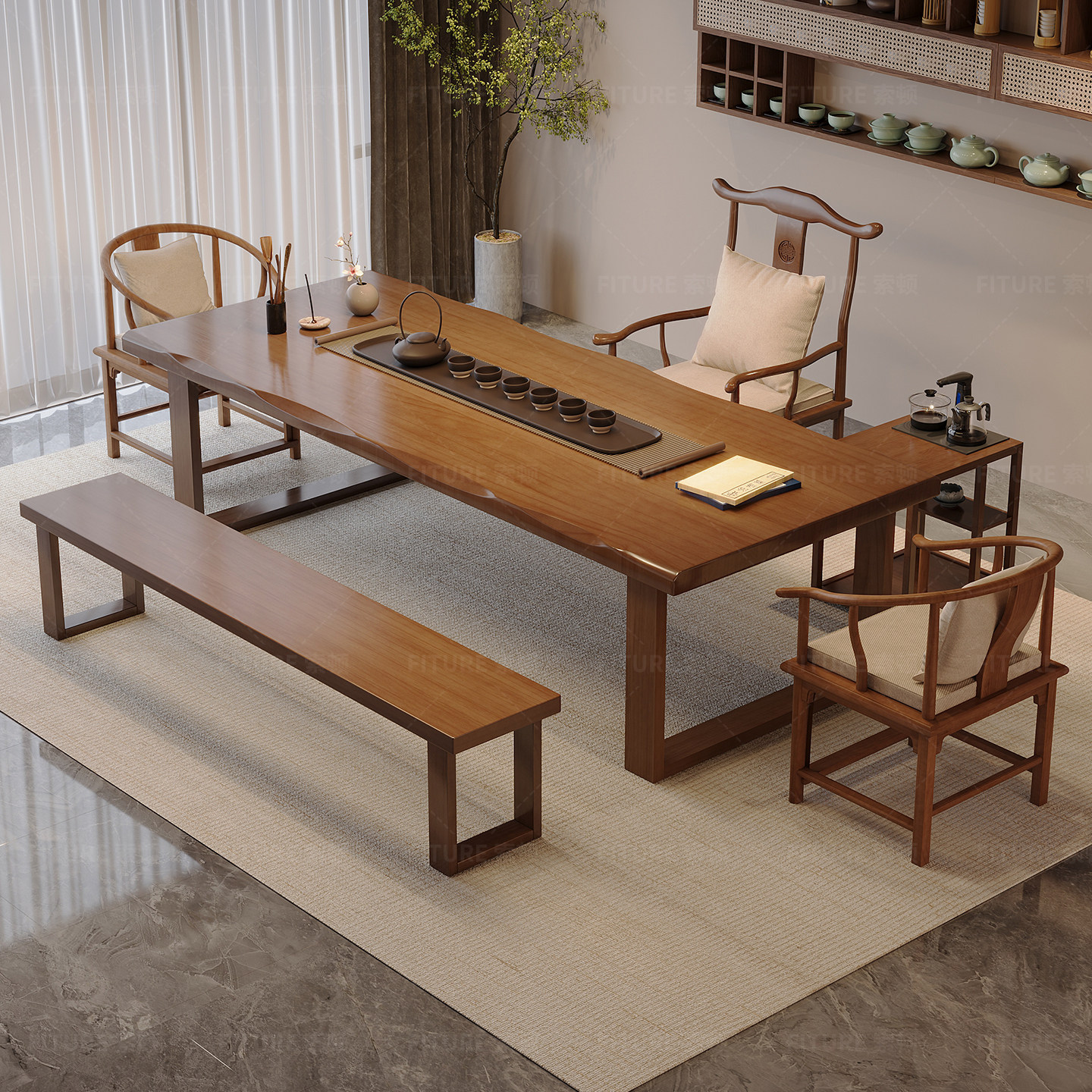 新中式实木大板茶桌茶盘一体泡茶桌椅组合客厅家用办公室功夫茶台