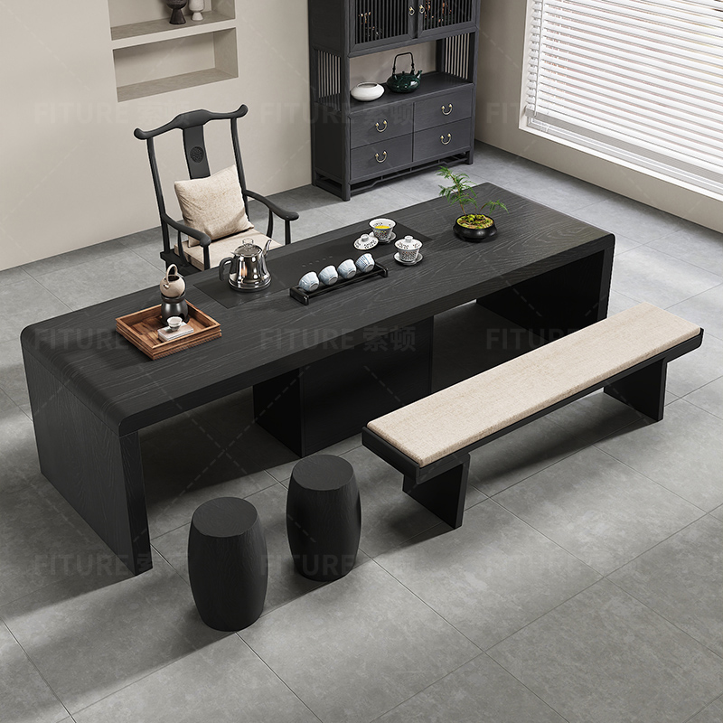 侘寂风实木碳化泡茶桌办公桌一体