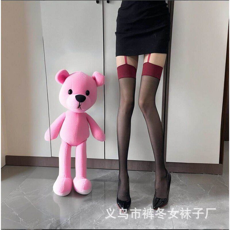 免脱攻速袜性感吊带一体袜纯欲红边黑丝肉丝撞色吊带袜长筒大腿袜
