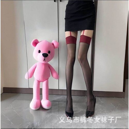 免脱攻速袜性感吊带一体袜纯欲红边黑丝肉丝撞色吊带袜长筒大腿袜