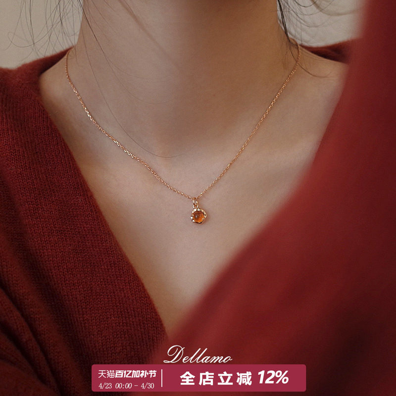 dellamo霞光天然琥珀纯银项链女轻奢小众设计高级感锁骨颈链新款