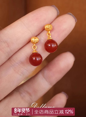 dellamo喜柿多多红色玛瑙耳环女耳饰小众高级感耳钉过年配饰礼物