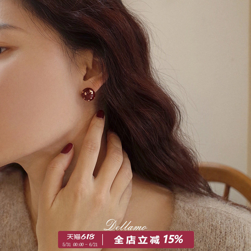 dellamo红色圆球耳钉女精致高级独特耳饰小众设计耳环冬通勤耳夹