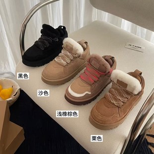 桑坡低帮梅尔拼接帆布网纱羊皮毛一体保暖百搭休闲舒适增高时尚鞋